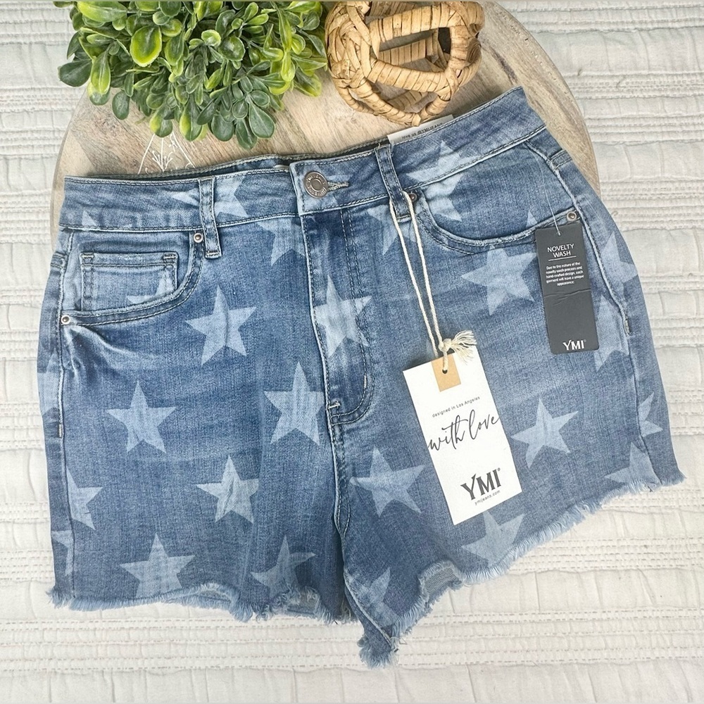 YMI Star Print High-Rise Denim Shorts Size 5/27 NWT - Picture 2 of 14